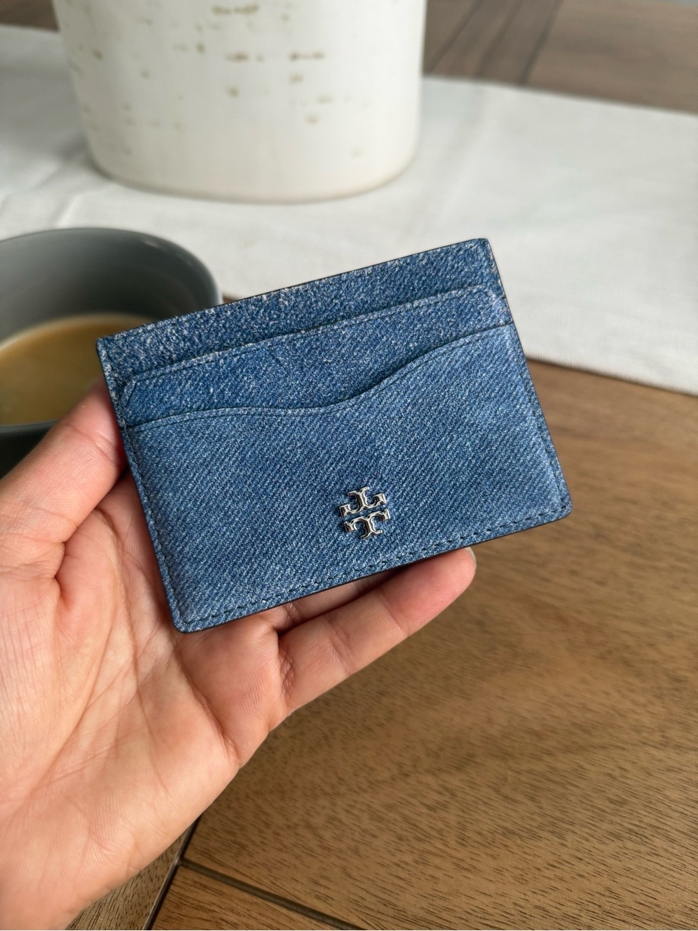 Tory Burch Dark Denim Slim Card Case with Silver Logo - Picture 4 of 5